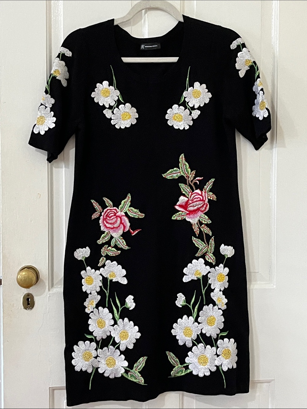 INC International Concepts Black Dress with White Daisy and Pink Rose Embroidery